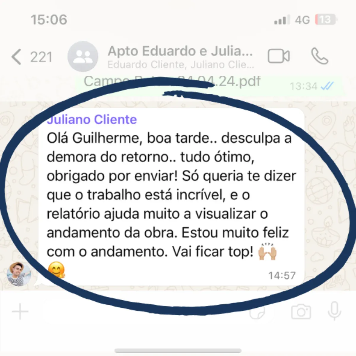 Depoimento real via WhatsApp de cliente de reformas em Porto Alegre 3